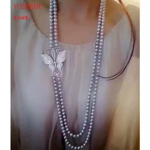 Natural color 8-9mm freshwater pearl necklace double-row sweater chain butterfly natural pearl fine jewelry