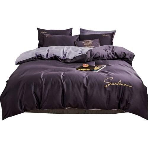 2021 Four-piece bedding simple cotton double household bed sheet quilt cover embroidered piping comfortable bedding dark purple