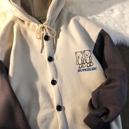 Zip-up Women Korean Style hoodies Bear print Solid Color Long Sleeve Oversized Hooded Sweatshirt Women Casual Large Coats y2k