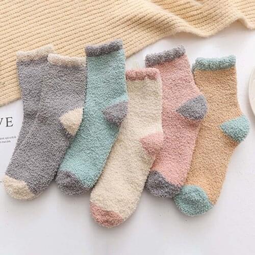 Thickening for Winter Women Socks Patchwork Color Home Floor Slipper Fluffy Bed Socks Soft Keep Warm Coral Velvet