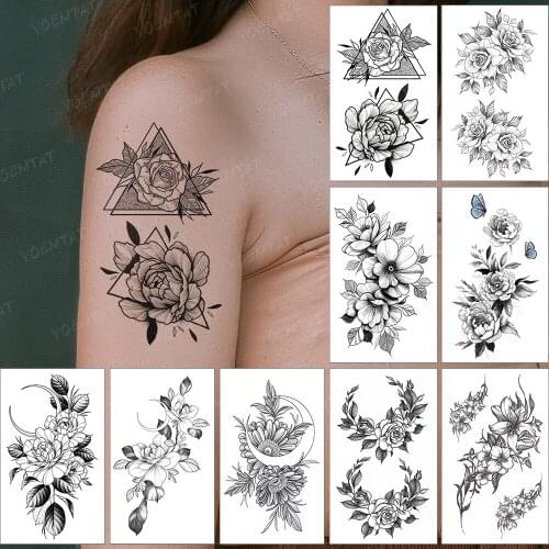 Waterproof Temporary Tattoo Sticker Woman Peony Rose Flower Butterfly Flash Tatoo Male Arm Geometry Body Art Fake Tatto Child