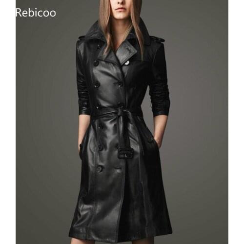 Women Sheepskin PU Leather Jacket Belt Gothic Black Trench Fast Wash Autumn Winter Double-breasted Plus Size Cotton Coat