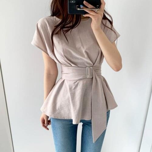 Vetement Femme 2021 Elegant Summer New Slim Short-sleeved Shirt Woman Black Tops Sashes Blusas Female Shirts Dropshipping 0654