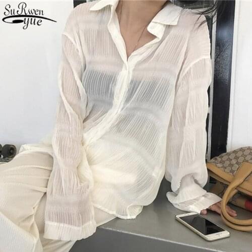 2021 Long Sleeve Women Shirt Sun Protection Pleated Casual Plus Size Loose Blouse Cardigan Chiffon Puff Sleeve Tops Women 10140