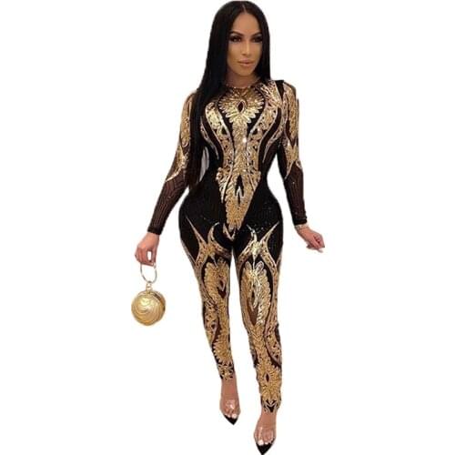 Lemon Gina 2020 Women Long Sleeve Stripe Bodycon Sequin Jumpsuit Female Sexy Slim arrival Casual Playsuits Clubwear Outfits