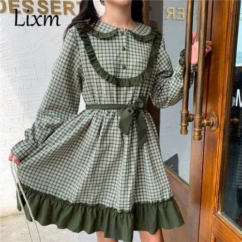 Kawaii Lolita Green Black Japanese style small fresh temperament loose plaid stitching wood ear long-sleeved dress women