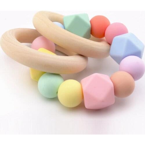 Bite Bites 1pc Baby Rattle Rianbow Silicone Bracelet Original Wooden Teething Ring Non Toxic Chew Toy Dummy Holder Baby Teether