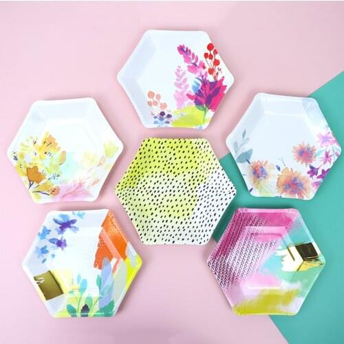 12pcs Mixed color Gold Foil Paper Plates Disposable Tableware Wedding Baby Shower Birthday Party Cake Dishes Decor Supplies