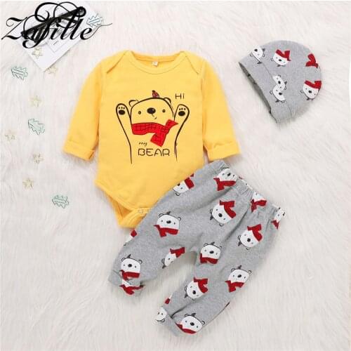 ZAFILLE Winter Clothes For Newborns Red Scarf Bear Baby Romper+Gray Pants+Hat 3pcs Baby Boy Clothes Set 0-12Months Outfits