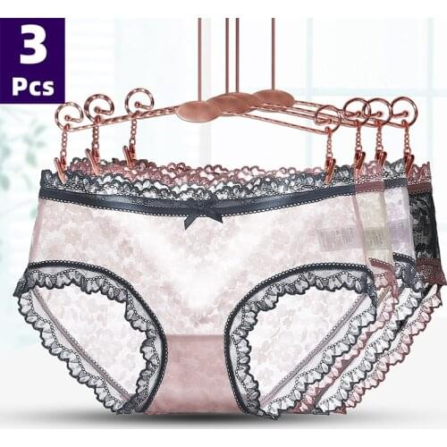 3pcs/Pack Sexy Women Lace Panties Skin friendly Underwear Lace middle-waisted Briefs M L XL Transparent Floral Bow Soft Lingerie
