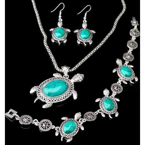 Antique Silver Vintage Jewelry Set for Women 3pcs Tortoise Green Turquoise Natural Necklace Earrings Bracelet Animal A1046