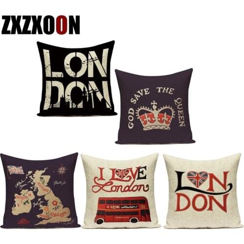 Decorative Throw Pillow Case Vintage Style Polyester British London Bus Flag Crown Soldier Cushion Cover for Living Room