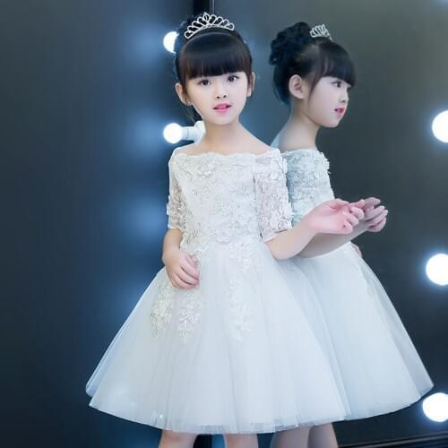Beaded Appliques Lace Flower Girl Dresses Half Sleeve Kids Formal Birthday Party Wedding Princess Gown First Communion Dress