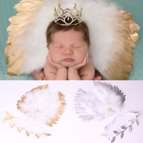 Infant Baby Feather Lace Pearl Flower Leaves Headband and Angel Wings Photo Props