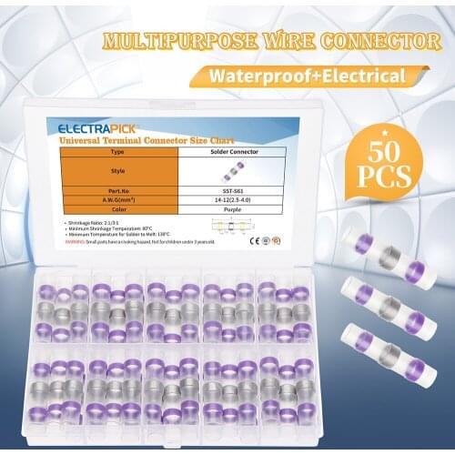 ELECTRAPICK 50PCS Waterproof Sleeve Solder Seal Wire Connectors Heat Shrink Kit Cable Terminal Tool Assortment Set