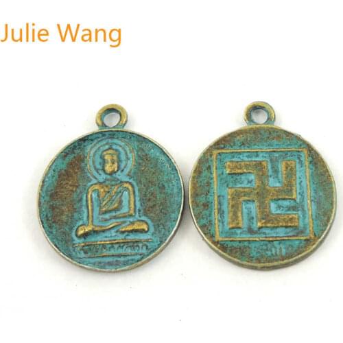 Julie Wang 5-50PCS Buddha Charms Swastika Antique Green Alloy Vintage Necklace Bracelet Jewelry Making Finding DIY Accessory