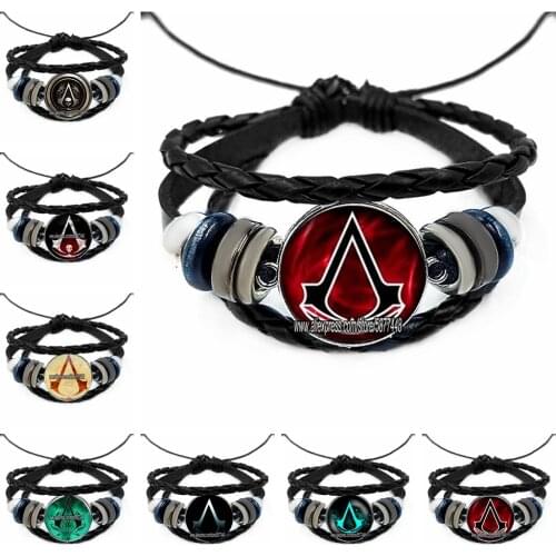 Assassin Icon Badge Symbol Leather Bracelets Action Movie Assassin Black Charm Multi Layers Weave Handmade Punk Charm Bracelets