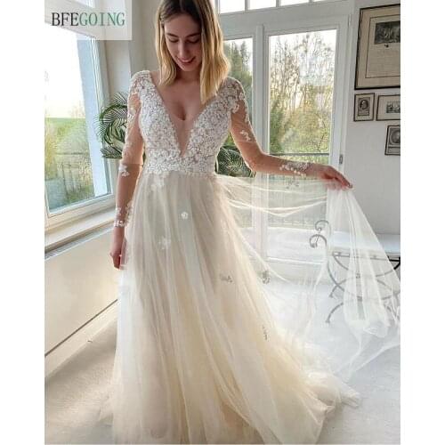 Champagne Tulle Ivory Lace V-Neck Long Sleeves Floor-Length A-Line Wedding Dresses Chapel Train Bridal Gowns Custom Made