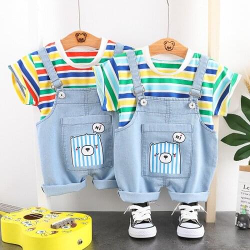 Summer Baby Short Sleeve T-shirt Clothing Boys Girls Cotton Tracksuit Striped Top+Overalls For Toddler Children Casual Clothing