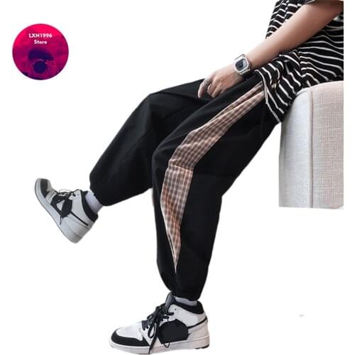 Mens Harajuku Japanese Streetwear Baggy Plaid Fashion Black Pants Summer Light Joggers Casual Drawstring Sports Trousers for Men