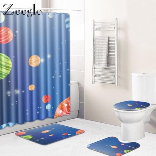 Zeegle Bathroom Mat Set Washable Bath Shower Curtain Set Toilet Seat Cover Anti-slip Toilet Doormat Dustproof Shower Room Rug