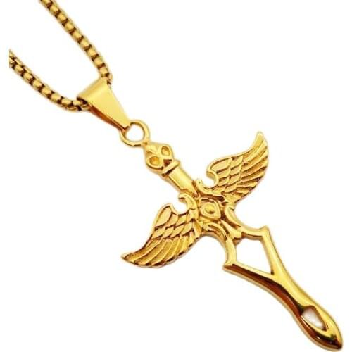 2019 New DO NOT FADE Stainless Steel Angel wings sword Necklaces & Pendants mens good quality hip hop punk necklace CAGF0412