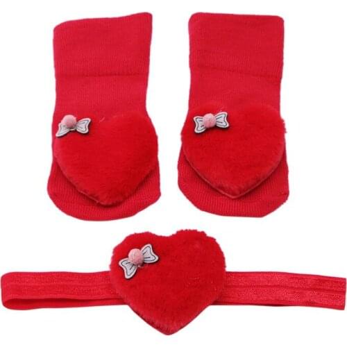 Newborn Baby Girl Cute Plush Heart-Shaped Design Cotton Socks with Hairband Photography Props Set 2021