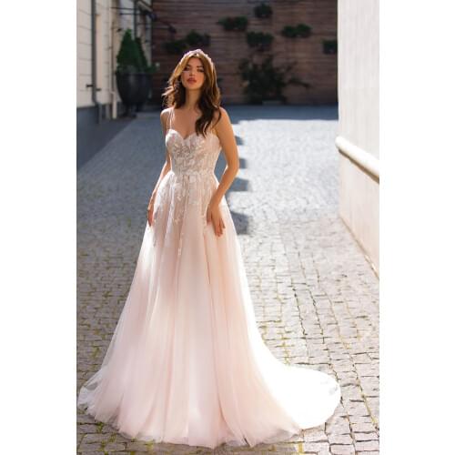 Charming Sweetheart Applique A Line Tulle Wedding Dress with Sequined Spaghetti Strap Open Back Bridal Engagement Party Dresses