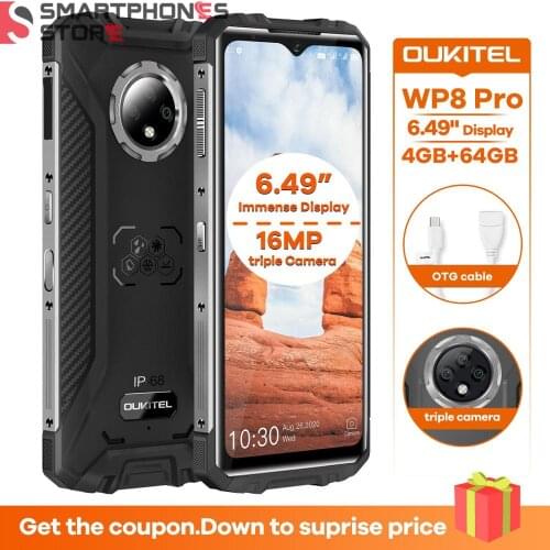 OUKITEL WP8 Pro NFC IP68 Rugged Phone Mobile 6.49'' Display Fingerprint Android 10 4GB 64GB 5000mAh 16MP Triple Camera