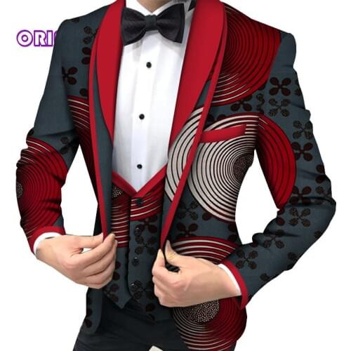 New African Clothes for Men African Print Business Suit Coat Blazer with Vest Bazin Riche African Long Sleeve Outwear WYN1002