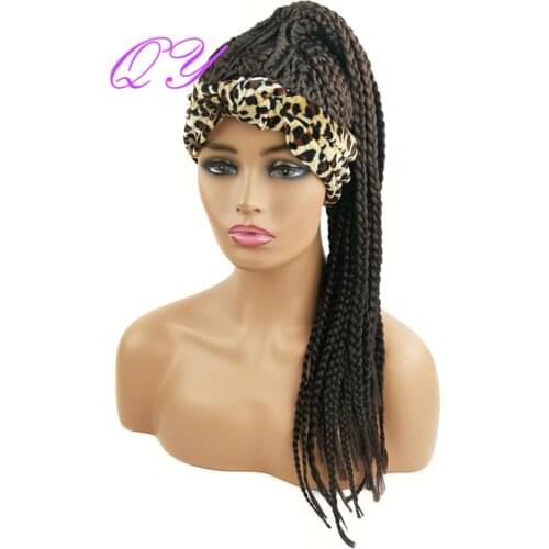 QY Synthetic Braiding Hair Headband Wigs For women Leopard Turban Wrap Brown Ponytail Curly
