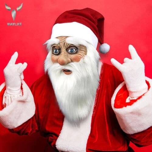 WAYLIKE Christmas Santa Claus Mask Santa Suit Hat Natural Latex Blue Eyes Merry Xmas Costume Thief Stole Mask
