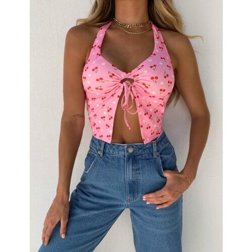Secy Hollow Out Corset Top y2k Pink Crop Top Cherry Sweet Cute Camis Women Summer Halter Top Backless Beach Tank Top 90S