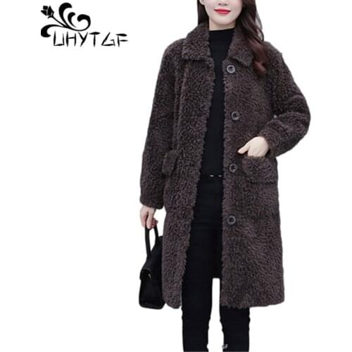 UHYTGF Women Warm 4XL Plus Size Jacket Pure Color Wild Casual Female Winter Fur Coat Mid-Length Elegant Outwear Mom Clothes 1275