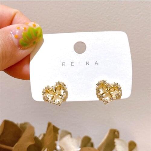 Korean New Sweet Love Heart Bow Stud Earrings For Women Delicate Jewelry Fashion Bijoux Earings Party Brincos