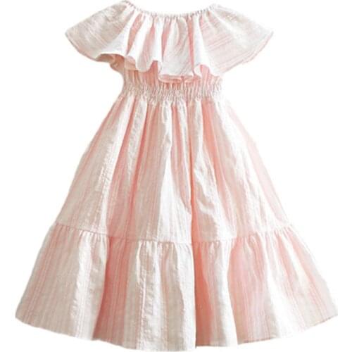 Summer 2020 Baby Princess Party Frocks Girls Cotton Striped Long Dress Cute Ruffle Off Shoulder Dress Fashion Children Clothing
