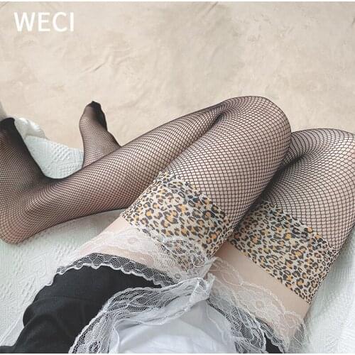 WECI Fishnet Thigh High Stockings Mesh Light Leopard Tights With Print For Girls Lace Stockings Veiled Women Home Soksi Leggings