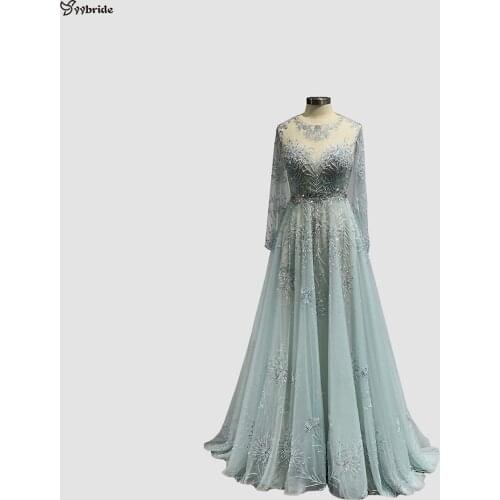YYbride Light Ocean Blue Tulle Fabric with Hand Sewing Crystals Beading A-Line O-Neck Long Sleeves Floor Length Evening Dresses