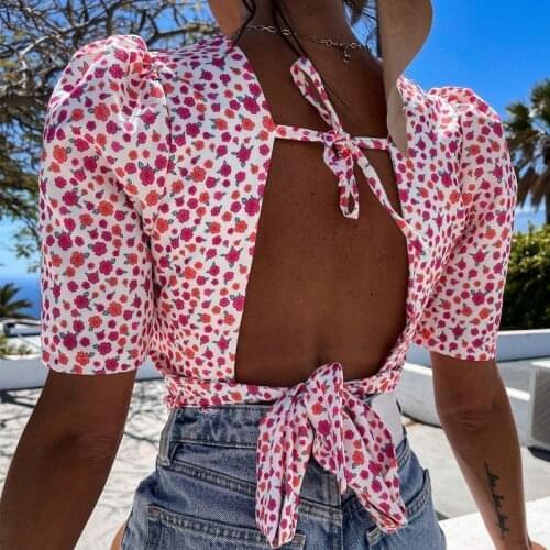 Sexy Women Backless Shirt Blouse Summer O Neck Short Sleeve Floral Print Shirt Elegant Hollow Out Tie-Up Femme Blusa Tops