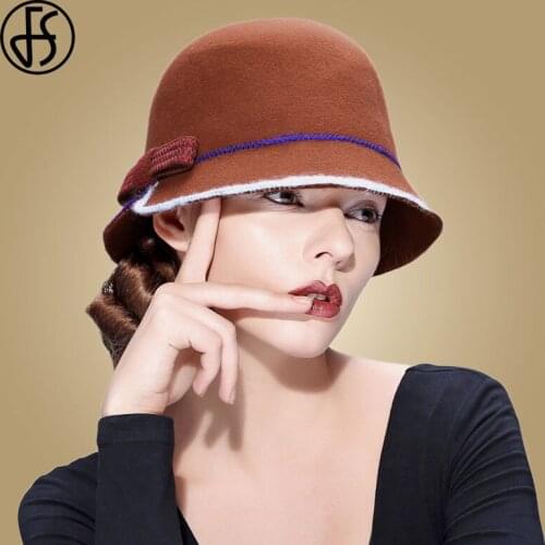 FS Women Black Hat Wide Brim Wool Fedora Hats Bow Ribbon Felt Cloche Hat Dome Floppy Chapeau Feminino Party Church Derby Top Hat