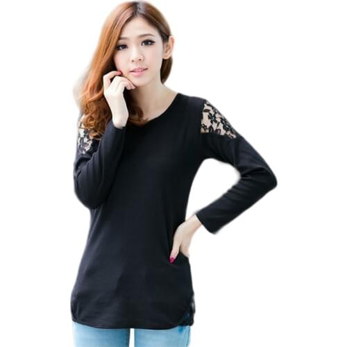Women Lace Stitching Long Sleeve Bottoming Shirt Crew Neck Loose Ladies Casual Tops