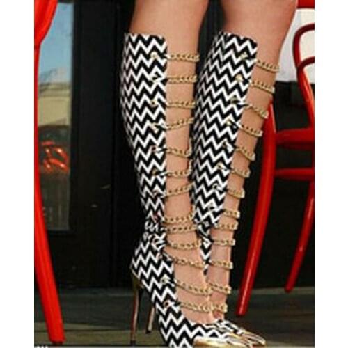 Sexy Gold Chains Decorated Boots Pointed Toe High Heel Knee High Gladiator Sandals Boots For Women Summer Dress shoes woman Free