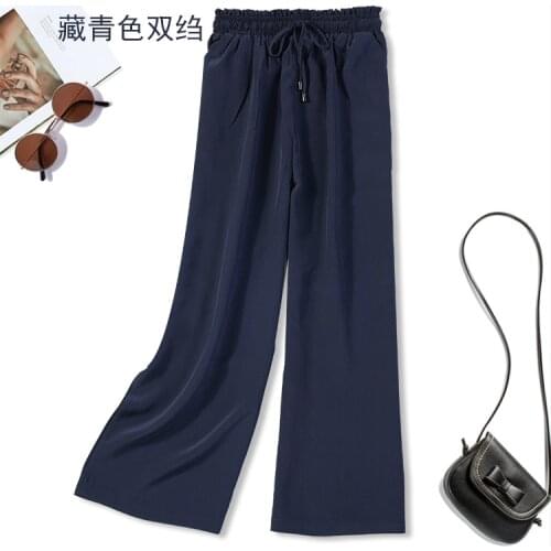 Womens 100% Mulberry Silk Thin Crepe Silk Loose Long Pants Trousers one size black navy blue JN659