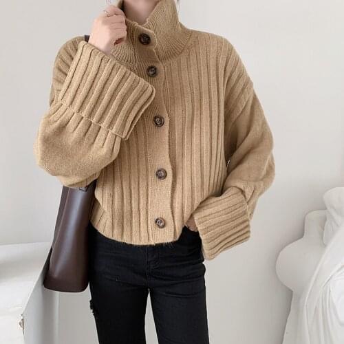 Autumn Winter Women Sweater Oversize Vintage Buttons Turtleneck Cardigans Single Breasted Rolled Sleeve Loose Sweater Cardigans