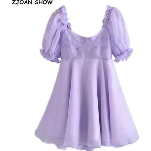 2021 Summer Solid Purple Organza Ball Gown Dress Puff Sleeve Retro Women Swing Short Dresses Fairy Cake Vestidos
