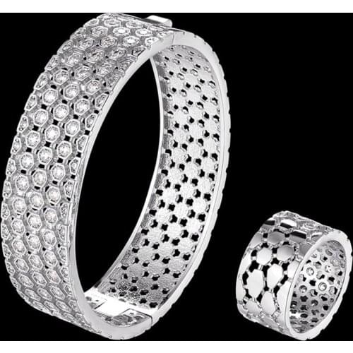 Zlxgirl luxury Hollow high-tech production zircon bracelet ring jewelry sets women new year Gold bangle party anniversary gifts