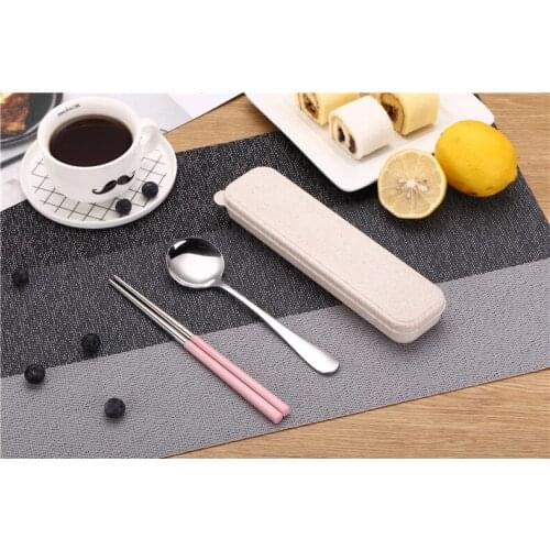 1SET Stainless Steel Food Chopsticks Spoon Set Flatware Non-slip Chopsticks Dessert Spoons Dinnerware with Portable Box PB 007
