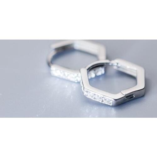 12mm Small 1pair Authentic 100% 925 Sterling Silver fine Jewelry white zirconia set aaa+ hexagon Hoop HUggie Earrings gtle2322