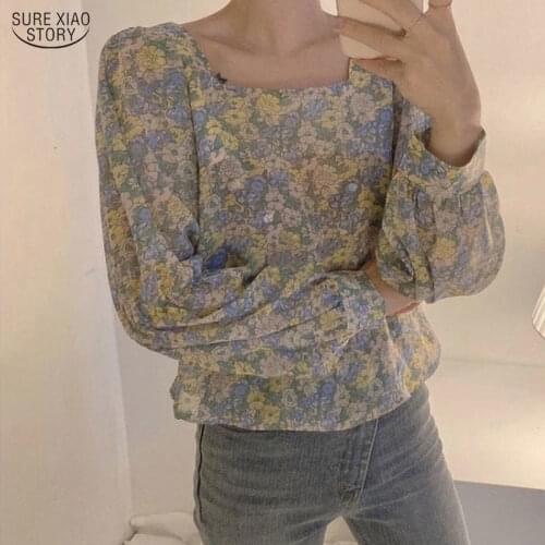 2021 Streetwear Printed Chiffon Blouse Women Shirts Long Sleeve Tops Vintage Floral Loose Office Lady Blouses Blusas 10113