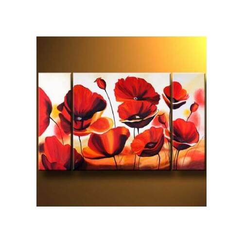 3pc Handpainted Canvas Painting-Red Carmine Poppies-Modern Canvas Art Home Decor-Floral Oil Painting Wall Pictures for Bed Rooms